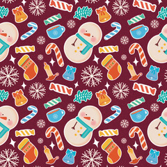Christmas snowman and snowflake seamless pattern