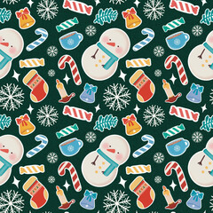 Christmas snowman and snowflake seamless pattern