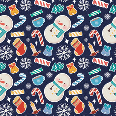Christmas snowman and snowflake seamless pattern