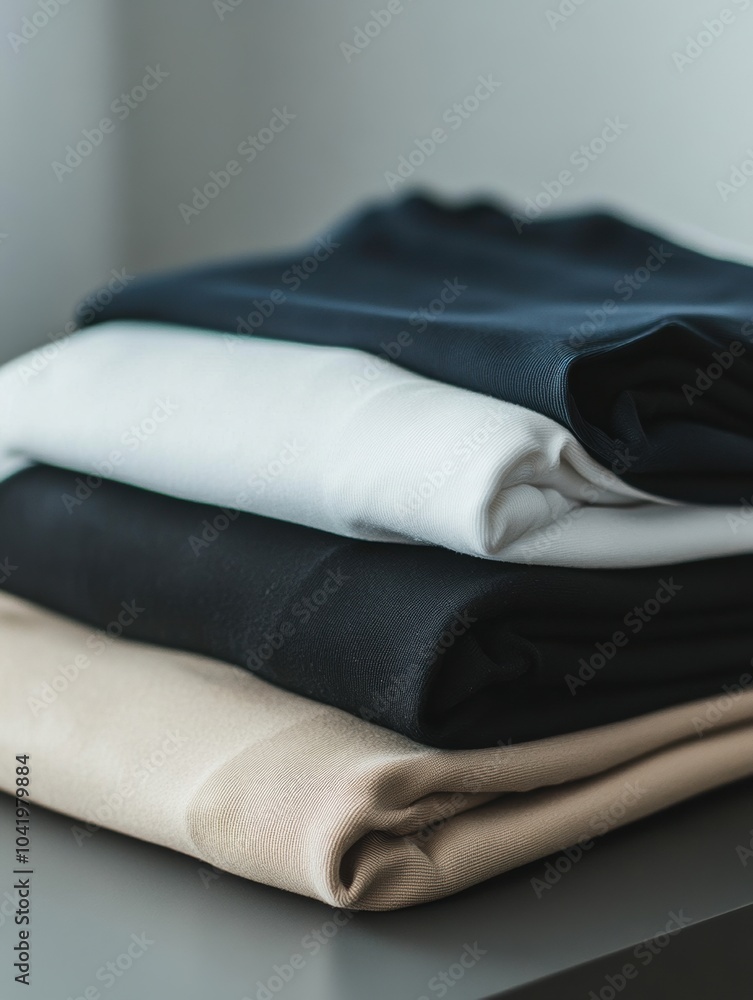 Poster a selection of neatly folded minimalist sportswear is arranged on a smooth table, highlighting a ble