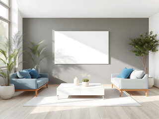 Modern living room with beige and blue furniture and large windows.
