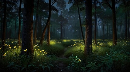 Obraz premium The mystical forest scene at night. The air is filled with lights that are twisted when innumerable fireflies float between lush green plants. The narrow and winding paths lead deeper into the forest.