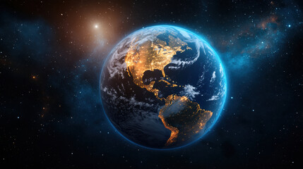 Earth view from space, showcasing vibrant city lights and natural features