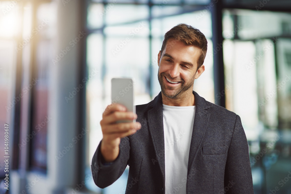 Aufkleber smile, confidence and selfie of man in office for video call, connectivity and networking at tech st