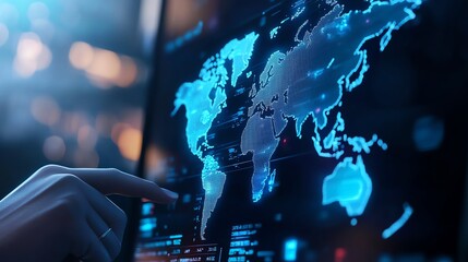 Obraz premium Hand interacting with a glowing digital map on a screen, futuristic interface.