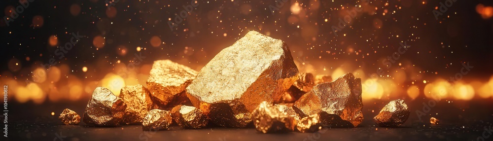 Poster a dazzling display of gold nuggets glimmering against a dark background, creating a luxurious and en