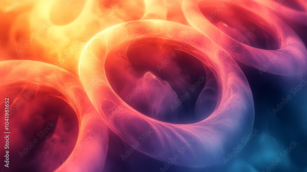 Poster Vivid and swirling patterns of colorful rings create a mesmerizing visual landscape, blending shades of orange, purple, and blue during a mystical twilight setting.