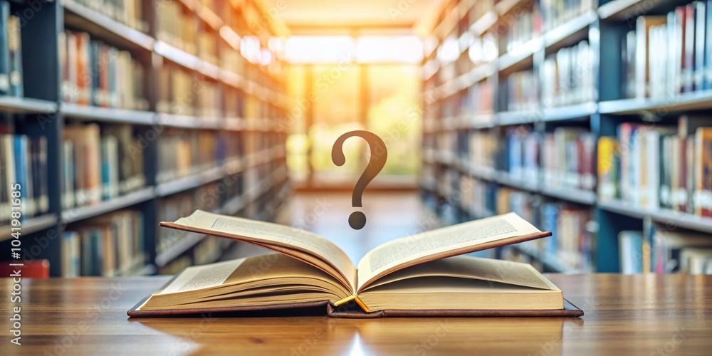 Poster open book with question mark symbolizing curiosity in blurred library background - minimalist photog