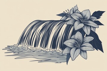 Waterfall and Flowers in Black and White