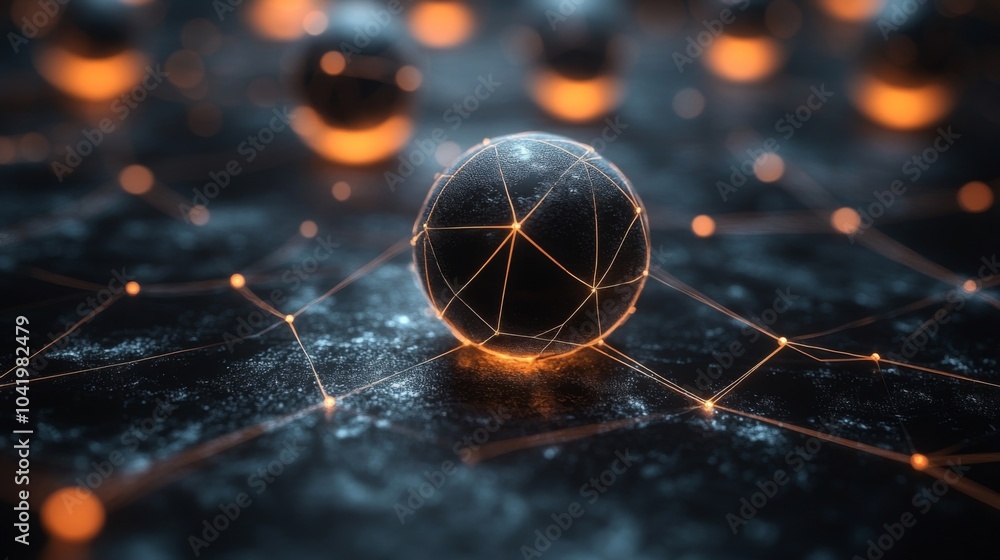 Poster An intricate arrangement of glowing spheres connected by lines of light illuminates a dark, textured surface, creating a striking visual representation of technology and connectivity.