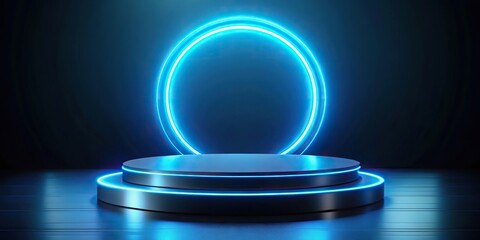 Platform with blue neon light on podium against club background