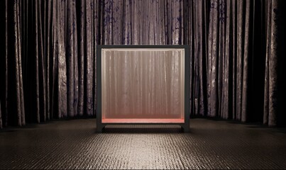 Showcase, glass cabinet, curtain hall, luxury stage, scene, curtain, 3D illustration