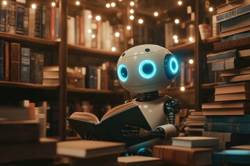 Fototapeta premium Charming Robot Engrossed in Reading in Library Setting