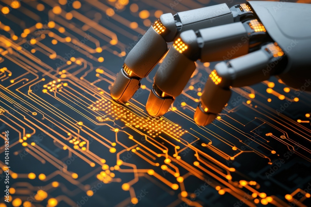 Poster exploring the intersection of robotics and technology through a futuristic robotic hand interface