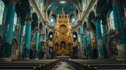 Fototapeta premium A magnificent and serene interior view of an ornate, historic cathedral showcasing intricate religious architecture and artistic details