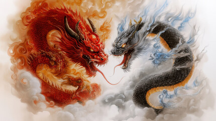vibrant dragon illustration showcasing fierce battle between red and blue dragon, evoking