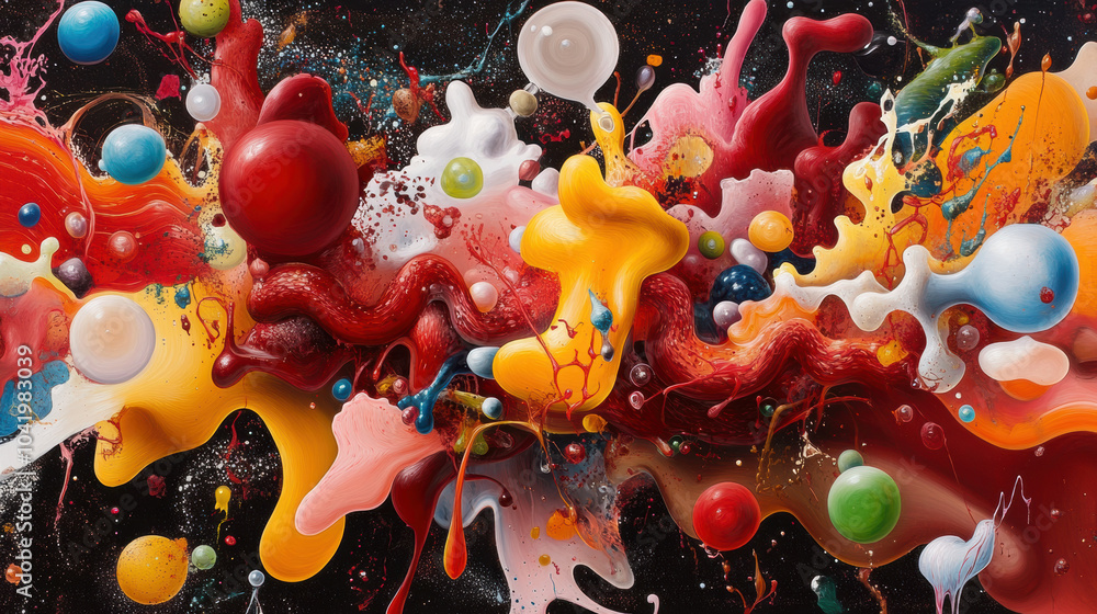 Poster lively abstract composition with vibrant colors and dynamic shapes