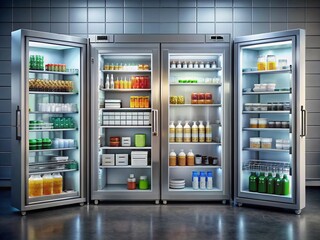 Organized Medical Refrigerator with Labeled Containers and Medicine Bottles in Clinical Setting