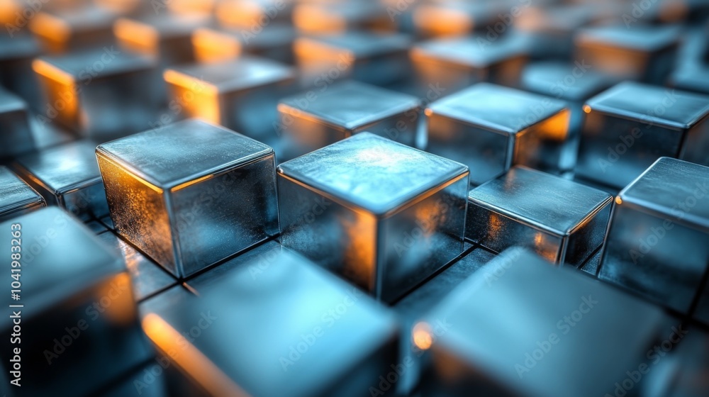 Aufkleber Shiny metallic cubes are closely arranged in a grid, reflecting warm light from various angles, creating an intriguing visual effect in a modern environment.