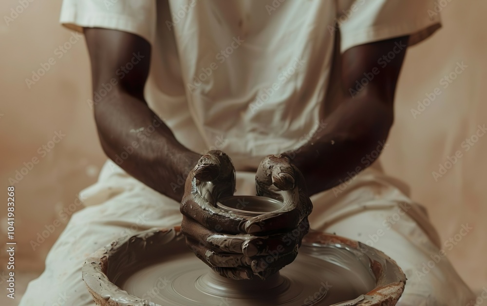 Wall mural closeup of ordinary black man in simple clothes making clay product on potter's wheel. subtle hobby 