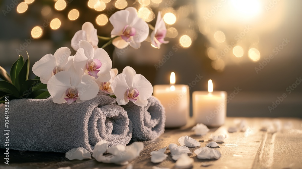Poster soft towels are placed on a wooden table with burning candles and white orchid flowers, creating a r