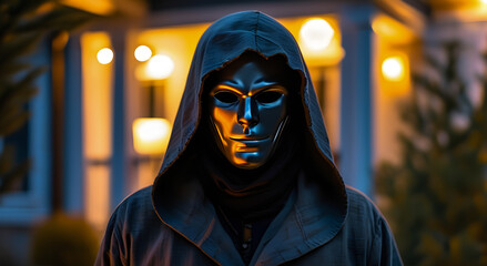 A man is a robber, a bandit in a mask, against the background of an apartment building. The criminal is ready to commit a crime. Robbery, murder, robbery.