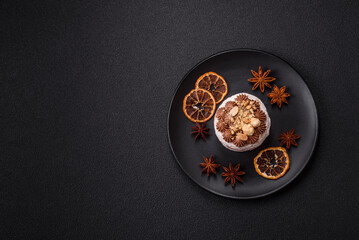 Sweet puff tart with meringue, cream and nuts