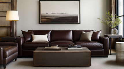 Modern rustic living room featuring deep brown leather sofa and stylish decor