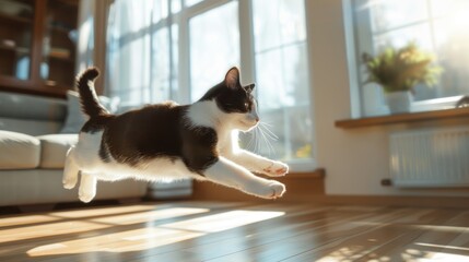 Energetic Tuxedo Cat Sprinting in Sunlit Modern Living Room for Pet Enthusiasts