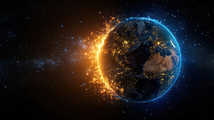 Fototapeta premium stunning view of Earth showcasing twilight zone, with vibrant lights and cosmic elements