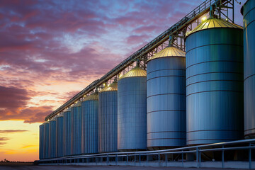 Obraz premium A row of large blue tanks are lined up in a field