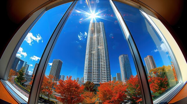 A breathtaking view of a modern urban skyline through a wide-angle lens, capturing the essence of towering architecture and vibrant autumn foliage under a bright blue sky