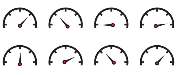 Dashboard colorful speedometer icons set. Tachometer icon isolated. Performance indicator sign. Car speed. Fast internet speed sign. Tachometer, speedometer, indicators, score. Customer satisfaction.