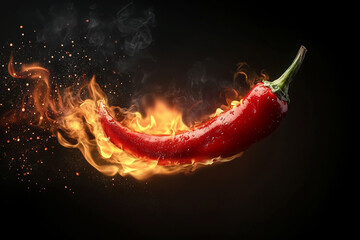 A red pepper is shown in a fiery blaze, with smoke and ash surrounding it