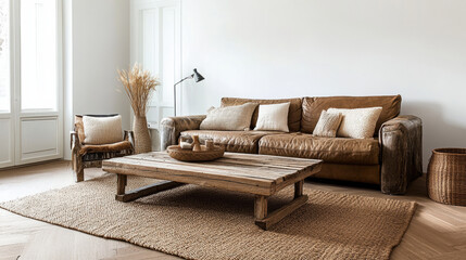 Rustic living room with weathered leather sofa and wooden coffee table, creating cozy atmosphere