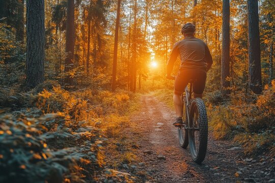 A cyclist rides along a forest trail during sunset, surrounded by autumn foliage and warm light