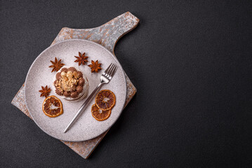 Sweet puff tart with meringue, cream and nuts