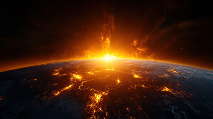 Obraz premium breathtaking view of Earth illuminated by fiery sunset, showcasing vibrant colors and dramatic
