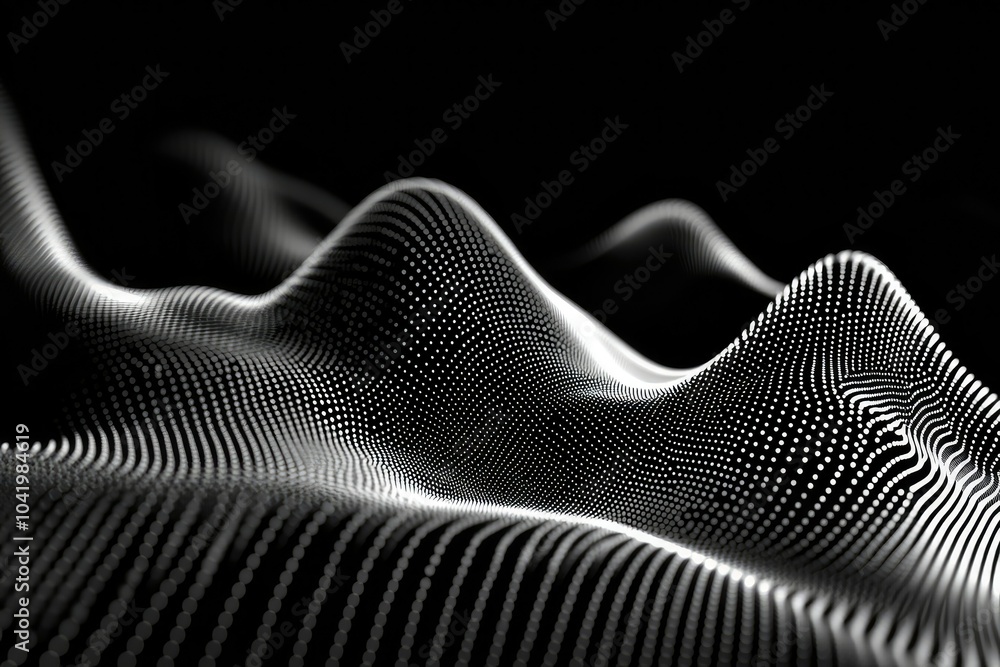Poster abstract wave forms comprising dots on black background