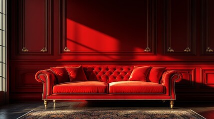 A red couch sits in a room with red walls and gold trim