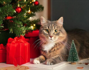  cat, with, christmas, decorations, gift box and new year tree 74147