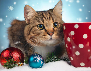  cat, with, christmas, decorations, happy new year snow cup concept 22867