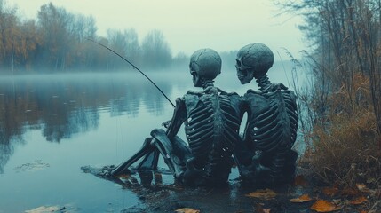Two skeletons fishing by a foggy river in autumn.