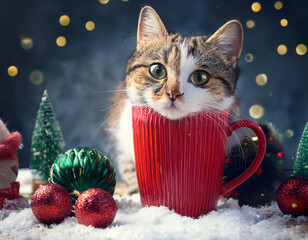  cat, with, christmas, decorations, happy new year snow cup concept 89247
