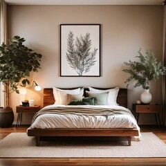 Minimalistic interior design with a blank picture frame hanging on a white wall. The scene includes a wooden shelf adorned with potted plants, motorcycle helmets, and a pair of biker boots. The clean 