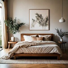 Minimalistic interior design with a blank picture frame hanging on a white wall. The scene includes a wooden shelf adorned with potted plants, motorcycle helmets, and a pair of biker boots. The clean 