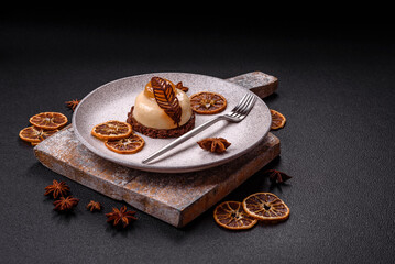 Sweet tart with pear lemon mousse cream and chocolate cake base