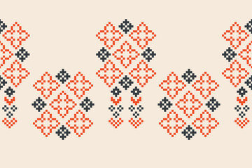 Fabric pattern traditional ethnic motifs ikat geometric cross stitch.Ikat embroidery Ethnic oriental Pixel brown cream label background. Abstract,vector,illustration. Texture,decoration,wallpaper.