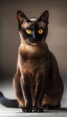 Elegant Burmese Cat Portrait with Dark Brown Fur and Golden Eyes for Luxurious Design
