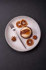 Sweet tart with pear lemon mousse cream and chocolate cake base